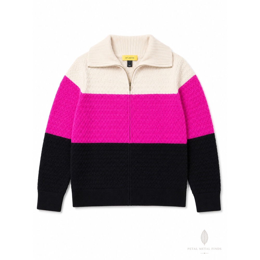 St. John Knits Yellow Label Color Block 100%‎ Wool Full Zip Cardigan Medium